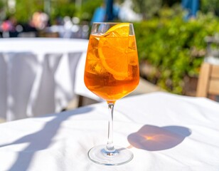 Golden spritz cocktail with orange slice on linen tablecloth