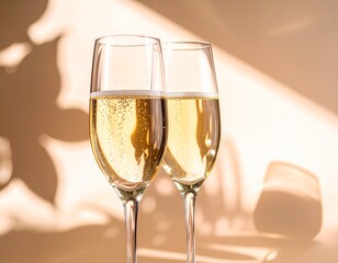 Two champagne flutes with golden sparkling wine on sunny beige background