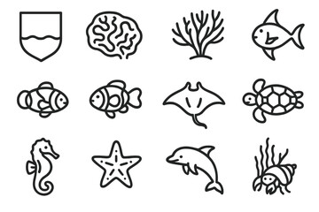Marine Sanctuary Icons. Outline icon set of marine sanctuary icons: marine reserve sign, brain coral, fan