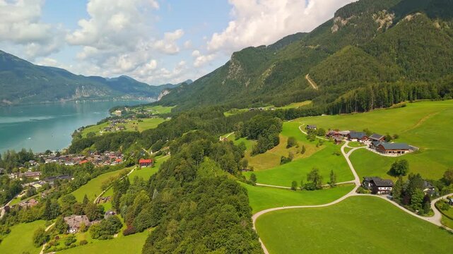 aerial view of landscape Lake Wolfgangsee and the town of Sankt Wolfgang, Austria