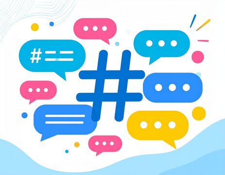 Colorful speech bubbles surrounding hashtag symbol for trending topics