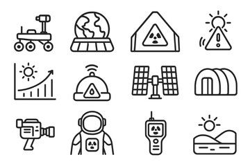 Mars Mission Icons. Outline vector icons of Mars mission radiation planning: Mars rover, habitat shield,