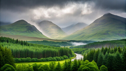 Obraz premium Misty mountain landscape with a winding river and dense forest nature mountains