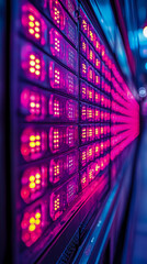 Obraz premium Dynamic perspective of wall of glowing magenta and golden LED panels extending into abstract, futuristic, and high-tech illuminated corridor
