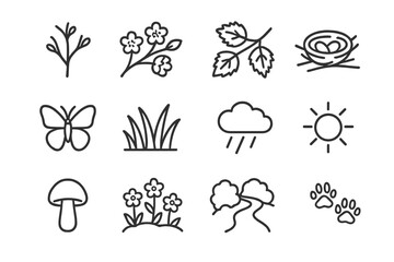 May Forest Icons. Outline icon set of seasonal changes in the May forest: budding tree, blossoms, green leaves