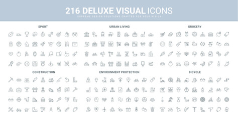 Bicycle and cyclist equipment, types of sports activity and award, grocery store food line icon set. City infrastructure, public transport, construction thin black outline symbols vector illustration