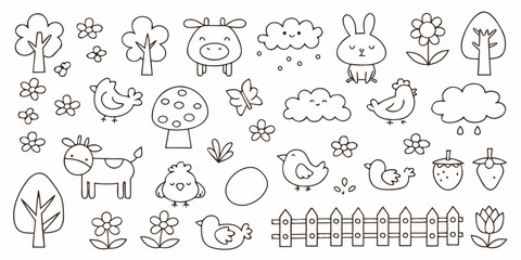 Cute Farm Animal and Nature Doodle Set in Black and White