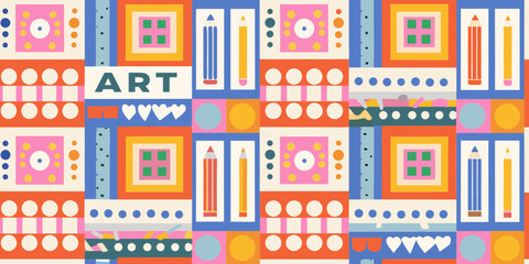 Colorful Art Themed Geometric Pattern with Pencils Circles and Squares