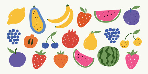 Colorful Hand Drawn Fruit Illustration with Lemon Banana Watermelon Grapes and Berries