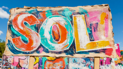 Fototapeta premium Rustic, hand-painted wooden sign featuring word 'SOL' in vibrant, distressed, graffiti-style lettering, displayed outdoors under sunny blue sky with blurred urban art in background.