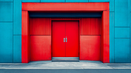 Vibrant Red Double Door Entrance Set in Bold Geometric Red Frame Against Contrasting Bright Teal Building Wall, Showcasing Modern Urban Architecture and Striking Color Block Design