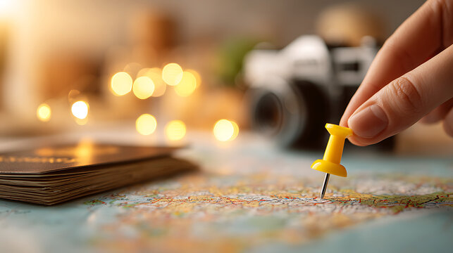 Hand marking travel destination with pin on world map, planning a vacation