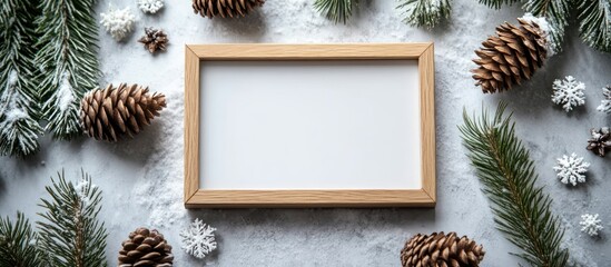 Obraz premium Empty Wooden Frame Surrounded by Snowy Pine Branches and Pine Cones