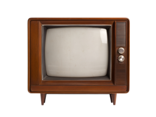 Vintage wooden television set with knob controls and blank screen displaying mid-century retro design
