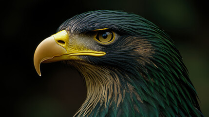 Obraz premium Striking close-up profile of majestic eagle, showcasing its piercing yellow eye, vibrant golden beak, and intricate dark green and black plumage against blurred, deep forest background.