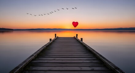 Fototapeta premium Romantic Heart Balloon at Sunset Over Lake with Pier and Flying Birds