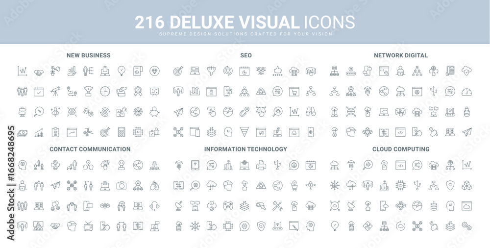 Poster information technology, new business startup development and seo ideas, cloud computing line icon se