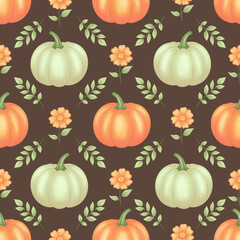 Autumn Seamless Pattern with Beige and Orange Pumpkins, Green Leaves, Flowers on Brown Background 