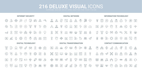 Digital transformation with AI services, development of information technology line icon set. Cybersecurity software, connection and network operation thin black outline symbols vector illustration