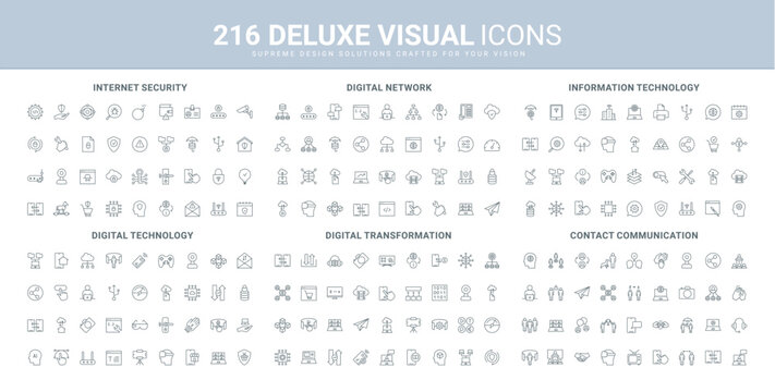 Digital transformation with AI services, development of information technology line icon set. Cybersecurity software, connection and network operation thin black outline symbols vector illustration