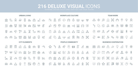Business teamwork, city infrastructure and services, community members, human group and participants of office team line icon set. Workplace culture thin black outline symbols vector illustration