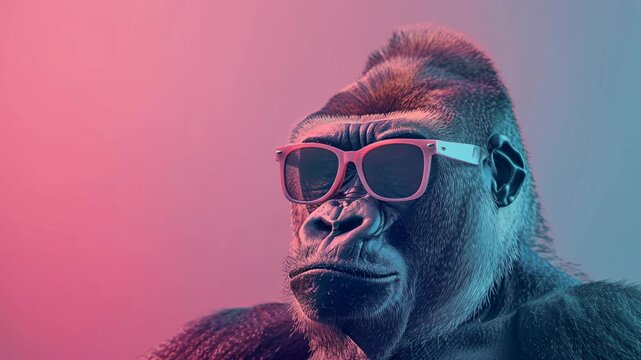 Close-up of a gorilla wearing pink sunglasses on a pink gradient background. Vibrant, colorful, and playful visual perfect for creative projects.