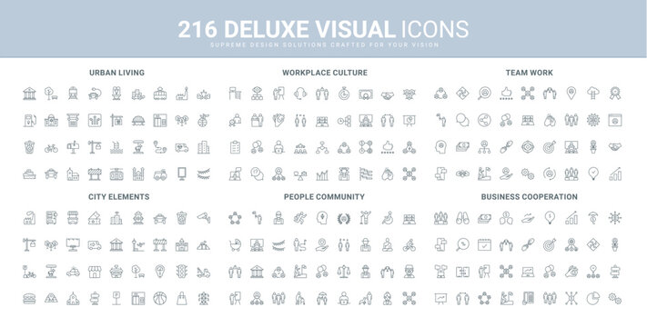 Business teamwork, city infrastructure and services, community members, human group and participants of office team line icon set. Workplace culture thin black outline symbols vector illustration