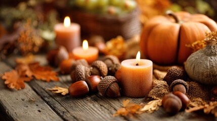Autumnal scene burning candles, pumpkins, and acorns on rustic wooden surface