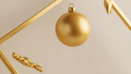 Gold ornament and snowflake hang from a gold frame on a neutral background - Powered by Adobe