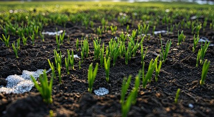 Fresh Green Shoots Emerging from Dark Soil, Springtime Growth