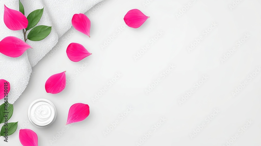 Poster spa setting featuring white towels, pink flower petals, and a cream container arranged elegantly on 