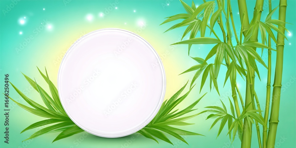 Poster circular mock up design template with blank white space surrounded by vibrant green bamboo leaves an