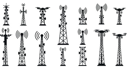 Collection of various cell phone towers and communication antennas on white background