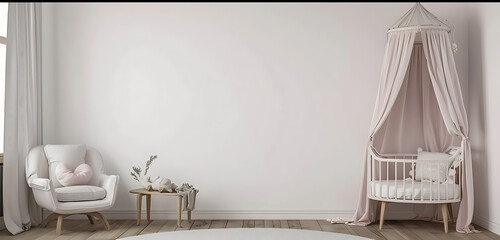 Minimalist baby nursery with a white armchair, wooden side table, and a crib with a pink canopy, creating a serene and cozy atmosphere.