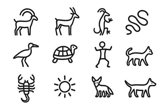 Petroglyph Animal Icons. Outline icon set of desert petroglyph animals: ibex, antelope, lizard, snake, bird,