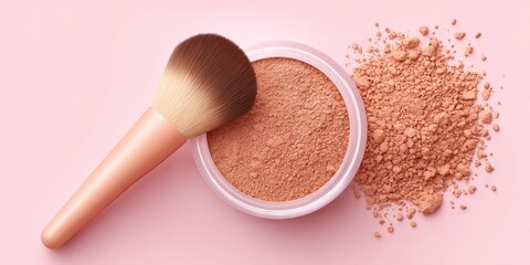Blush powder in a clear container with a makeup brush resting beside it, showcasing a soft pink background, emphasizing beauty and cosmetic application techniques
