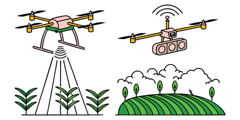 Pink and yellow drones flying over green crops and a farm field with trees and clouds quadcopter