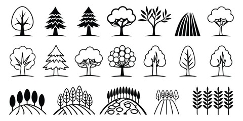 Collection of stylized black and white tree and agroforestry concepts, featuring mixed trees with crops, shade-grown coffee, windbreak trees, soil protection plant icons and illustrations trees plants