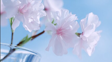 Obraz premium Delicate pink cherry blossoms in a clear glass vase against a soft blue background, showcasing the beauty of nature and floral elegance in a serene atmosphere