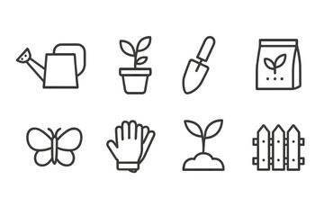 Gardening icons: watering can, potted plant, trowel, seed bag, butterfly, gloves, seedling, fence