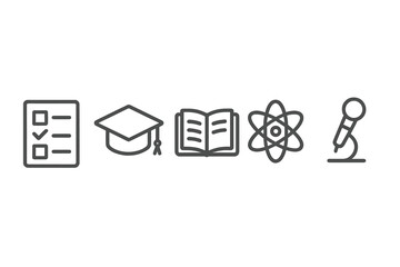 Educational and scientific icons: checklist, graduation cap, open book, atom, microphone