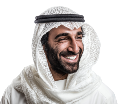 Smiling man in traditional attire at a celebration. Cut out PNG