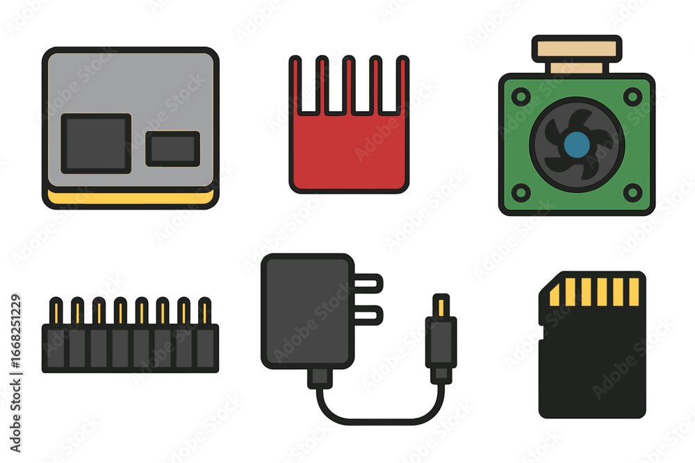 Poster computer hardware and electronic components icons for technology and digital concepts