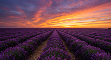 Obraz premium Blooming lavender field under a vibrant sunset sky, showcasing purple flowers and serene natural beauty in a stunning landscape. 