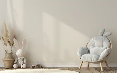 A cozy and inviting children's room with a bunny chair and soft toys.
