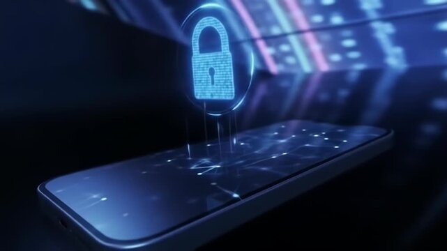 Holographic lock icon on a smartphone screen in dark environment
