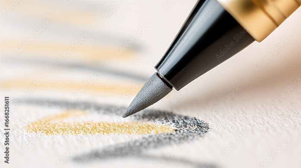 Poster close-up of a black marker creating elegant calligraphy on textured paper, showcasing artistic expre