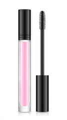 Cosmetic beauty product featuring a clear tube of pink lip gloss alongside a black mascara wand, showcasing vibrant colors and sleek design for makeup enthusiasts and professionals