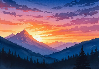 Obraz premium Sunset Over Majestic Mountain Peaks Illustration