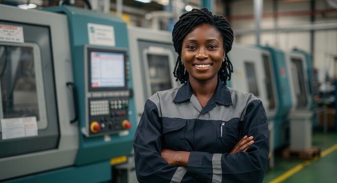 Smiling African Woman Factory Worker &ndash; Empowerment and Industrialisation in Africa 